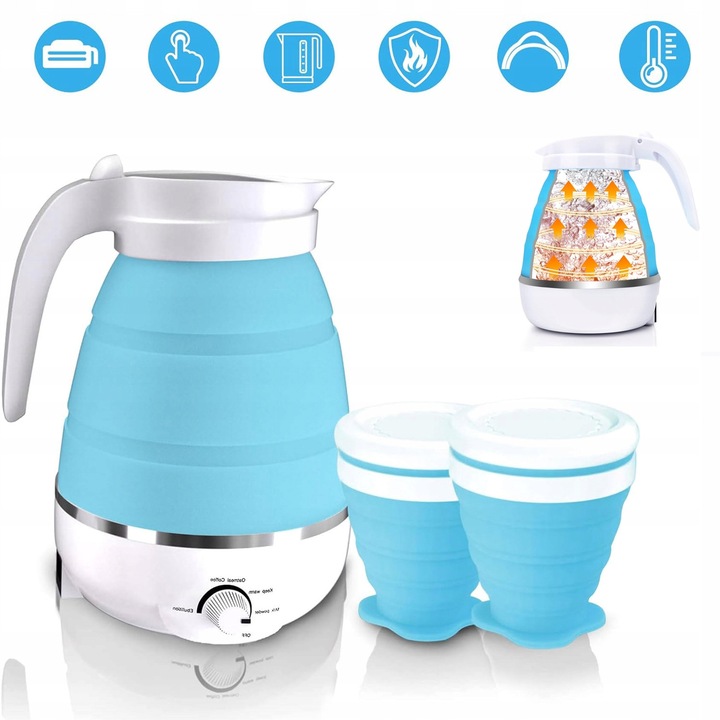Fierbator electric pliabil, 600ml, 750W, 2 cani incluse, albastru