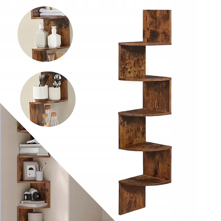 Polca de perete, 5 niveluri, design zigzag, 20x20x126cm, maro, set