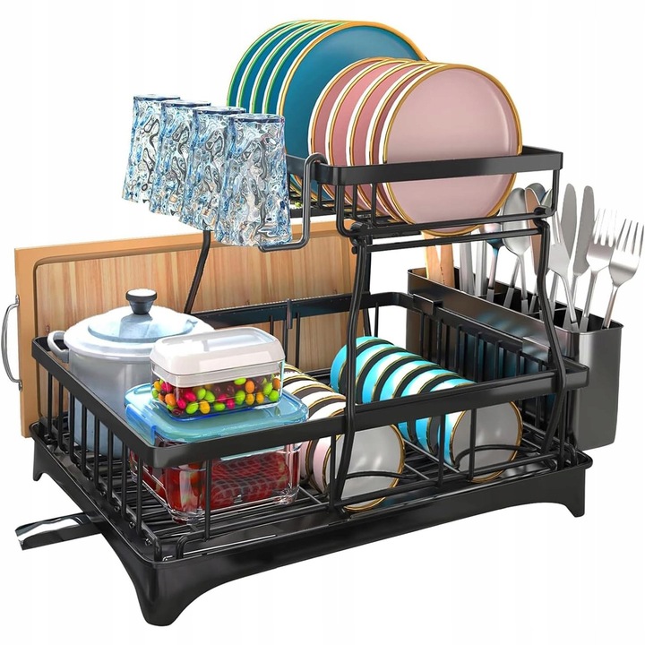 Scurgator vase cu 2 niveluri, capacitate mare, 54x30,5x34cm, negru, set 1 ocieptor