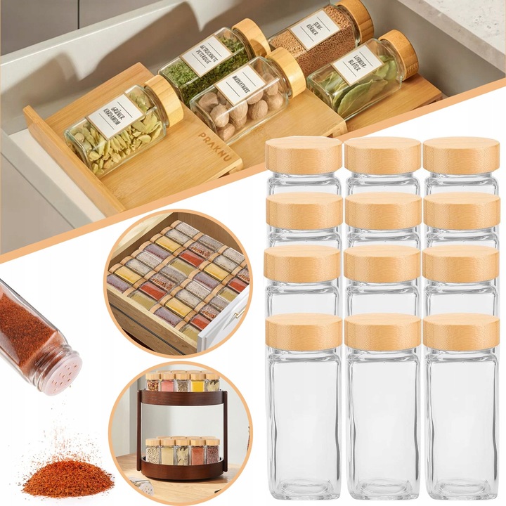 Set 12 recipiente pentru condimente, sticle patrate cu capac din bambus, 120ml, 10.5x4.3cm