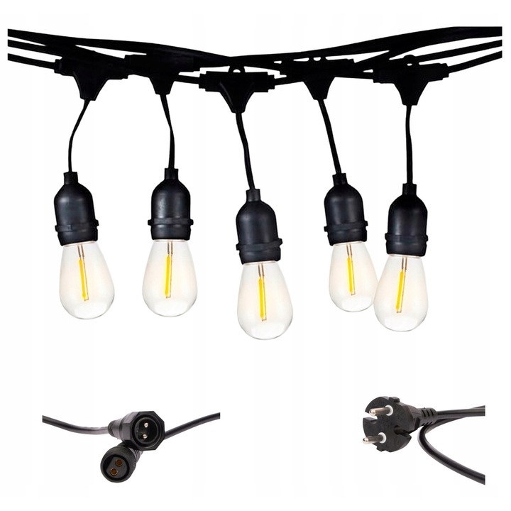 LED filament dekoratív fényfüzér, 10m, 10 izzó, fekete, víz- és porálló