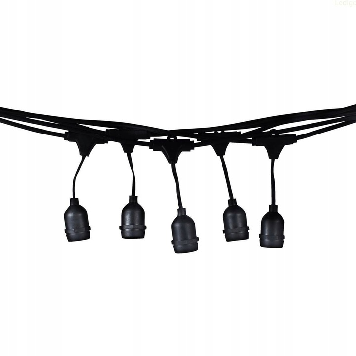 10m-es függő dekoratív girland, 10 db E27-es foglalat, IP44, fekete