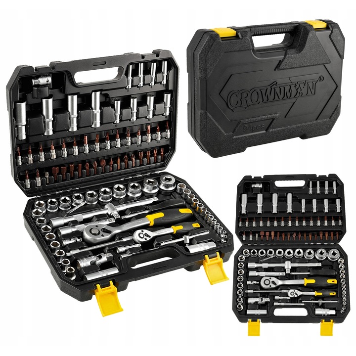 Set unelte CROWNMAN 94 piese, chei cu nasada, bitle, accesorii, din otel CR-V, pentru lucrari mecanice si reparatii