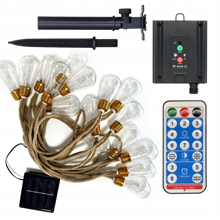 Napelemes lámpák, 8m, 16 LED, többszínű, vintage stílusú, kültéri