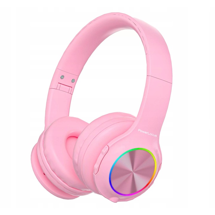 Casti wireless PowerLocus PLED pentru copii, Bluetooth 5.3, 25-30h autonomie, microfon, roz
