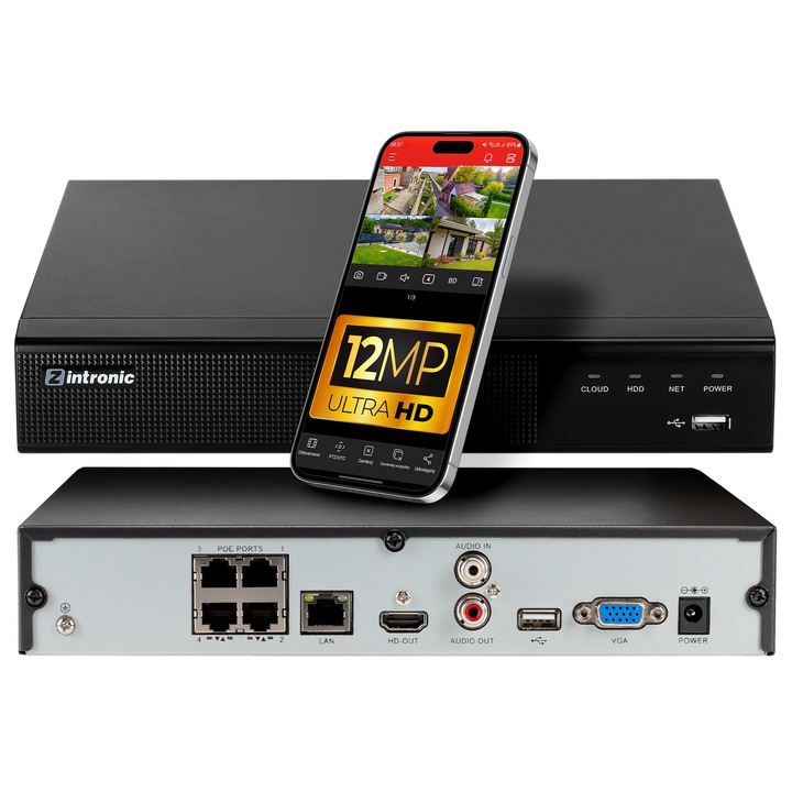 NVR IP рекордер Zintronic 9 канала 4xPoE 8MP 220x219x54mm