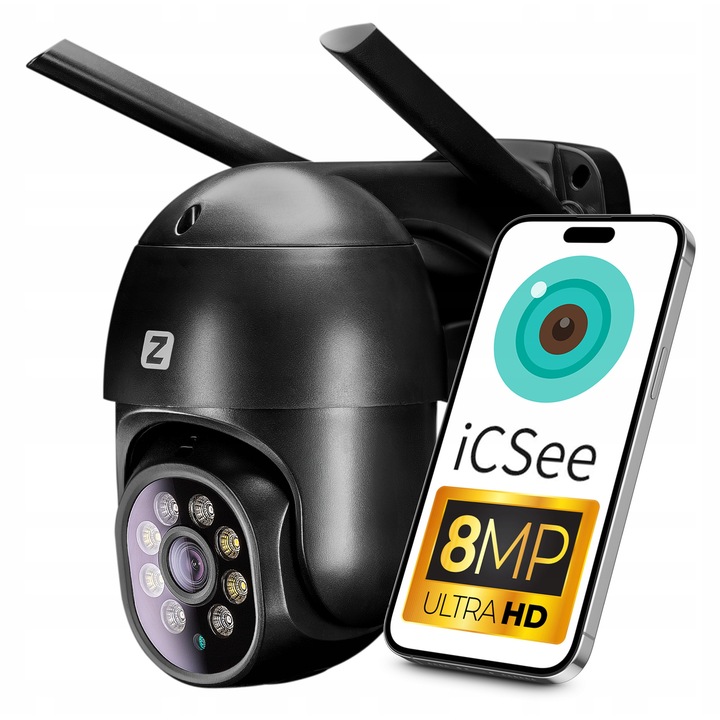 IP камера за наблюдение Zintronic I8 DARK, 8MPx, WiFi, въртяща се, 4x увеличение, черна