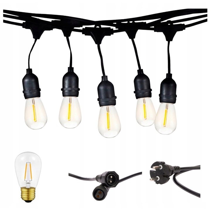 LED гирлянд 10м, 20 крушки с нажежаема жичка 1W, черен цвят, водоустойчив и прахоустойчив