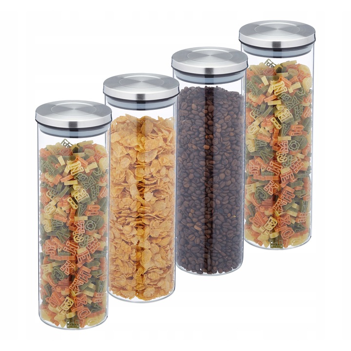 Set 4 recipiente alimentare Relaxdays, sticla, capac inox, transparent, 28x9,5cm