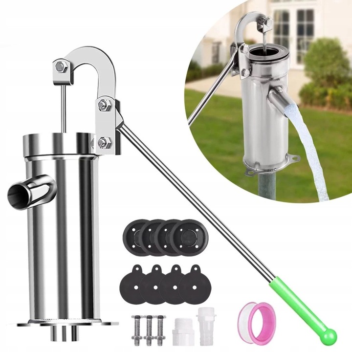 Pompa manuala din otel inoxidabil, adancime 10m, set complet, argintie