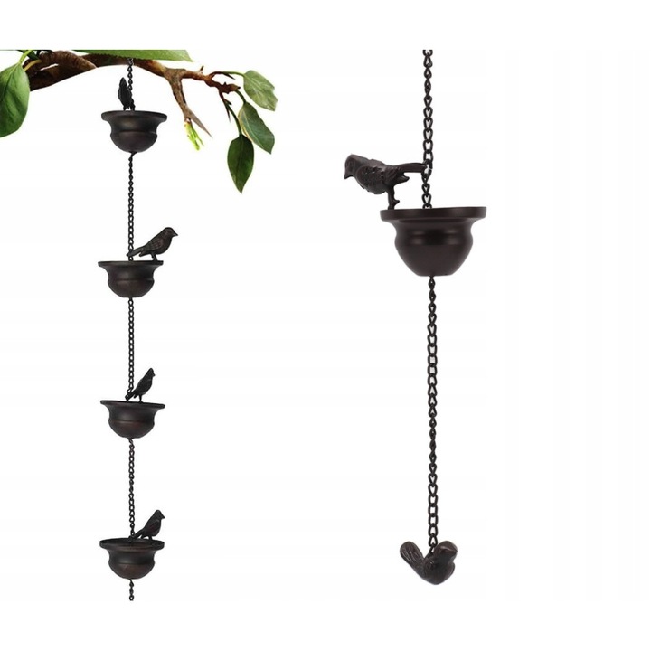 Lant decorativ pentru apa, 240 cm, cu cupe cu pasari, bronz antic, set pentru gradina