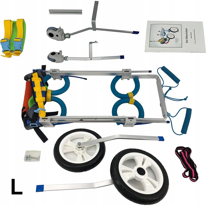 Carucior pentru caini, 4 roti, reglabil, multicolor, dimensiuni ajustabile