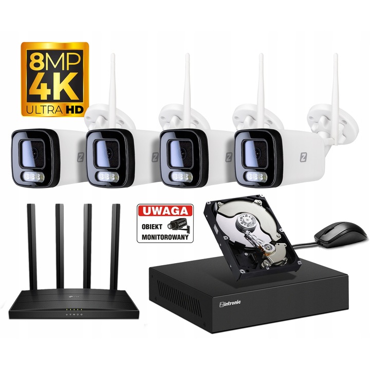 Set de monitorizare 4 camere A8 8MP, Zintronic, rezolutie 4K, vedere nocturna 30m, 1TB