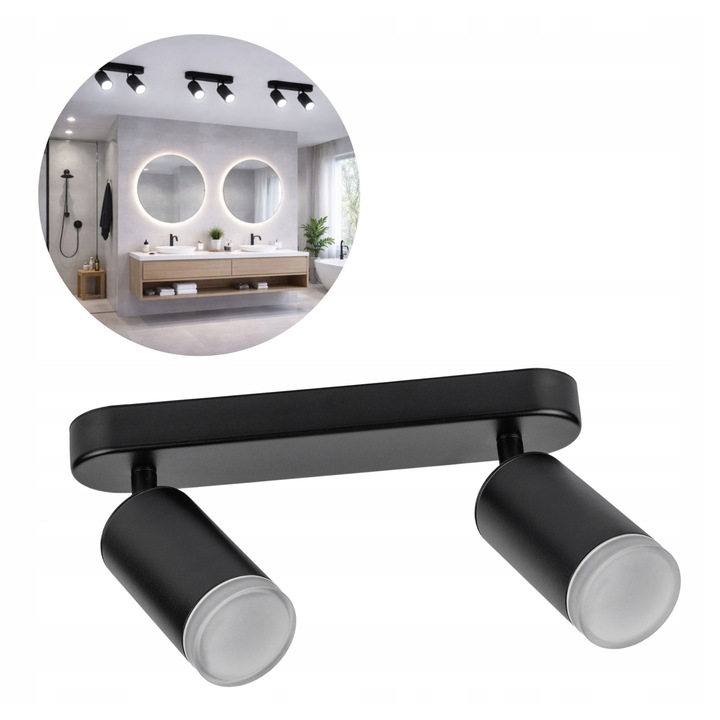 Lampa punctuala dubla sufitowa, IP44, reglabila, neagra, 260x142mm