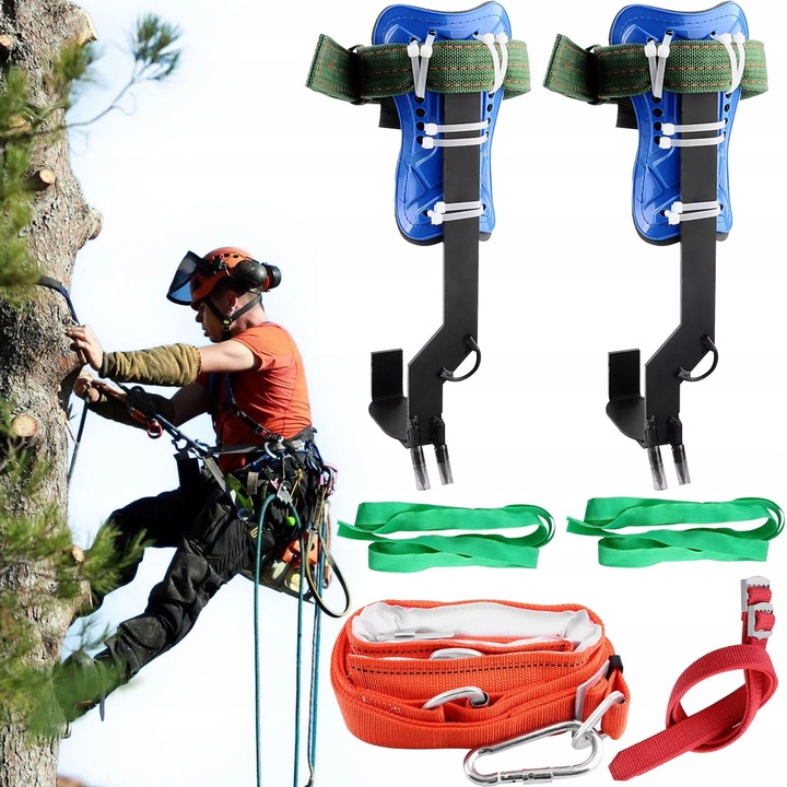 Set de echipamente pentru escalada in copaci, 1 pereche de colti, 1 pereche de curele pentru glezne, 1 curea de siguranta, 100 kg, 39x11cm