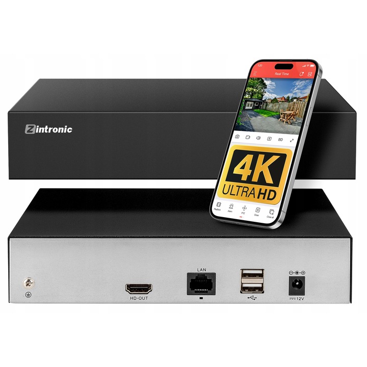 NVR IP рекордер 9 канала 8MP 4K, Zintronic, детекция на движение, размери 219x217x40mm