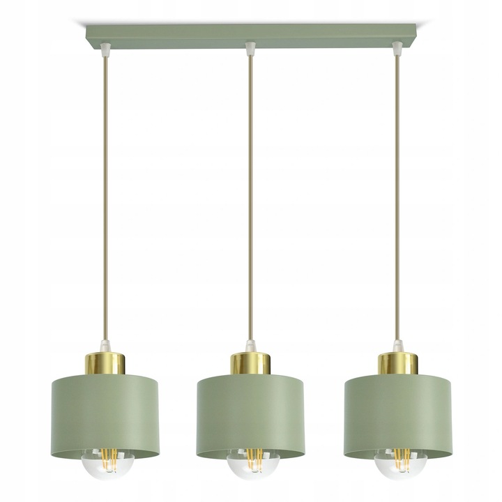 Lustru suspendat triplu, 486-BZ3, pastel salvie, detalii aurii, dimensiuni reglabile