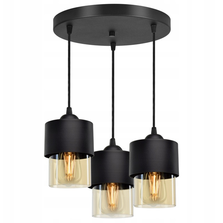 Lampa suspendata Luxolar, 3 abajururi din sticla si metal, neagra, dimensiuni 15x12cm