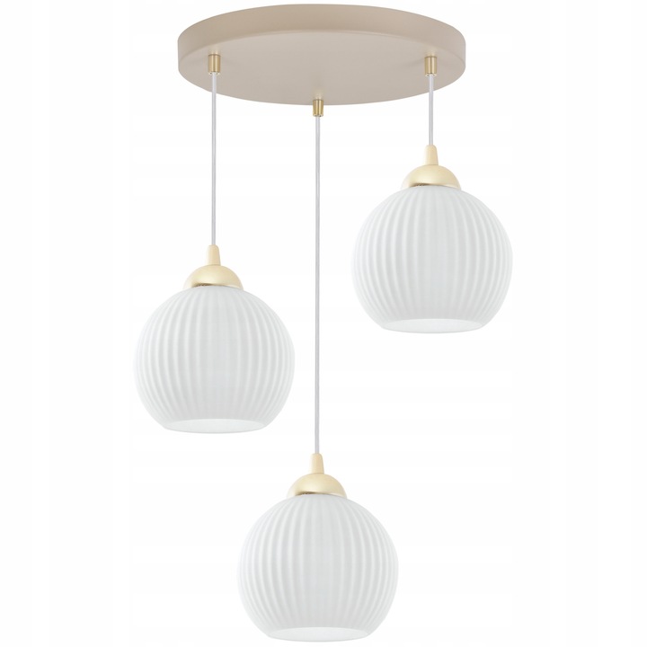 Lustru suspendat Light Home, model RIFFLE, alb-bej-auriu, 100x40cm, cu abajur cilindric