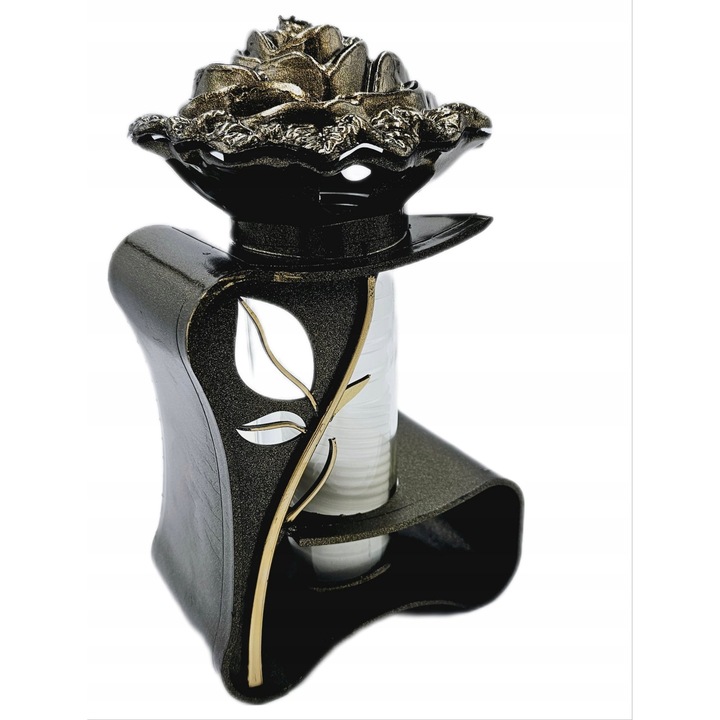 Декоративен фенер с роза, 26 см, черен със златни елементи, комплект 1 бр