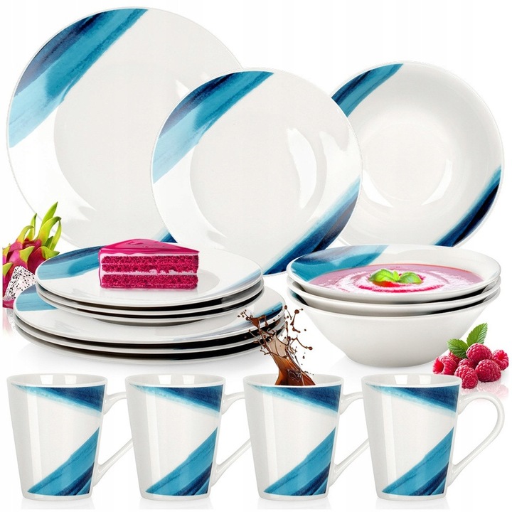 Set serviciu de masa, 18 piese, portelan, farfurii si cani