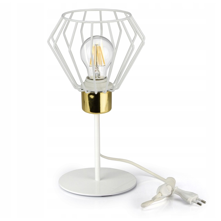 Lampa de masa moderna Luxolar, alb cu elemente aurii, diametru 18cm, inaltime 14cm, complet asamblata