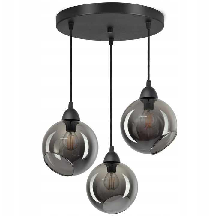 Lampa suspendata Luxolar, 3 globuri din sticla grafit, dimensiuni 15x13cm, structura metalica neagra