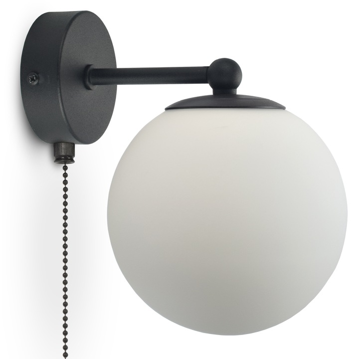 Аплик Luxolar Full Globe Glass, матов черен метал, бял стъклен абажур, 14см, с верижен превключвател
