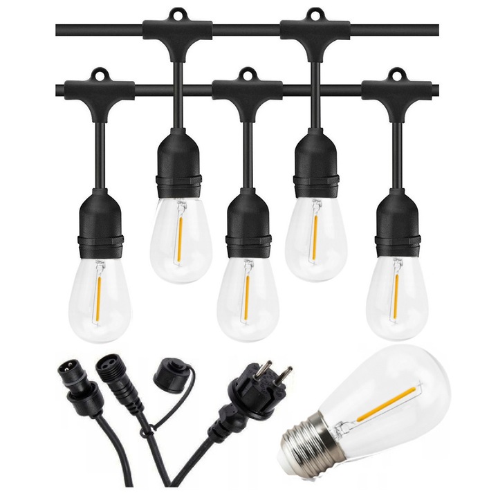 Градински LED гирлянд 20x E27 Filament, 1W икономични крушки, IP44 защита, Черен, 20 м