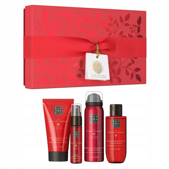 Set cadou Rituals Ayurveda, piatra de dus, ulei de dus, crema de corp, spray pentru par si corp, 20ml, 75ml, 70ml, 50ml