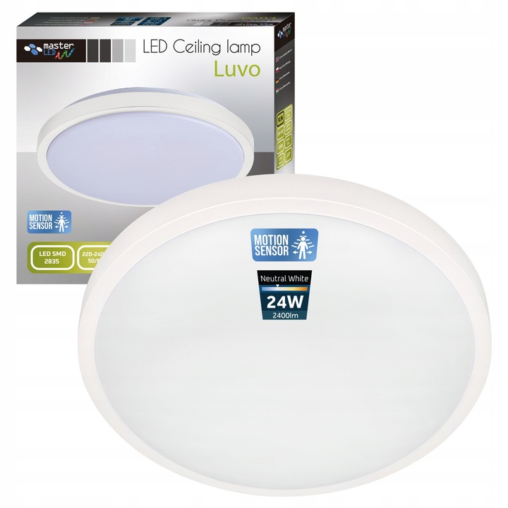 LED плафон Masterled 24W 4000K със сензор за движение, бял, O32.5x6.5cm