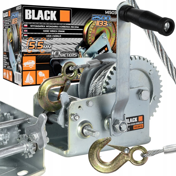 Winch manuala Black 1133kg, otel, 10m, 5.5mm
