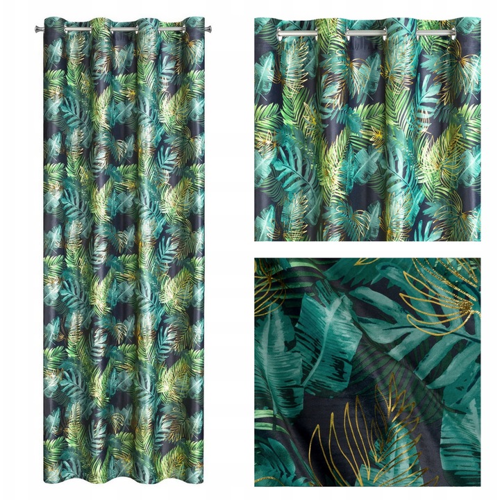 Завеса от велур с принт на листа, 140x250см, Черно/Зелено, 8 халки