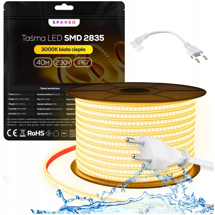 Set Banda LED SMD 2835 230V 40m 3000K Alb Cald, Rezistent la Apa