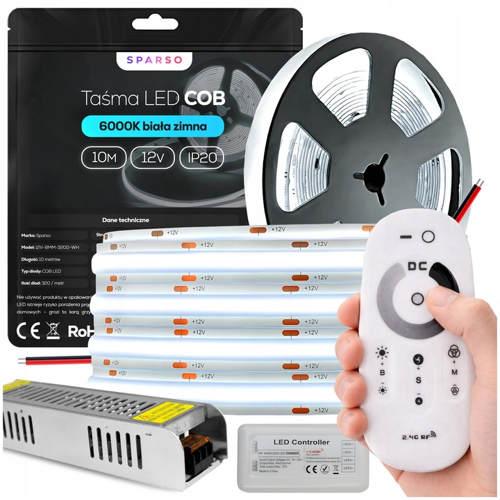Set Benzi LED COB 10m, 12V, 6000K, Alb Rece, Zasilator 100W, Pilot Dotyk, 3200 LED/m