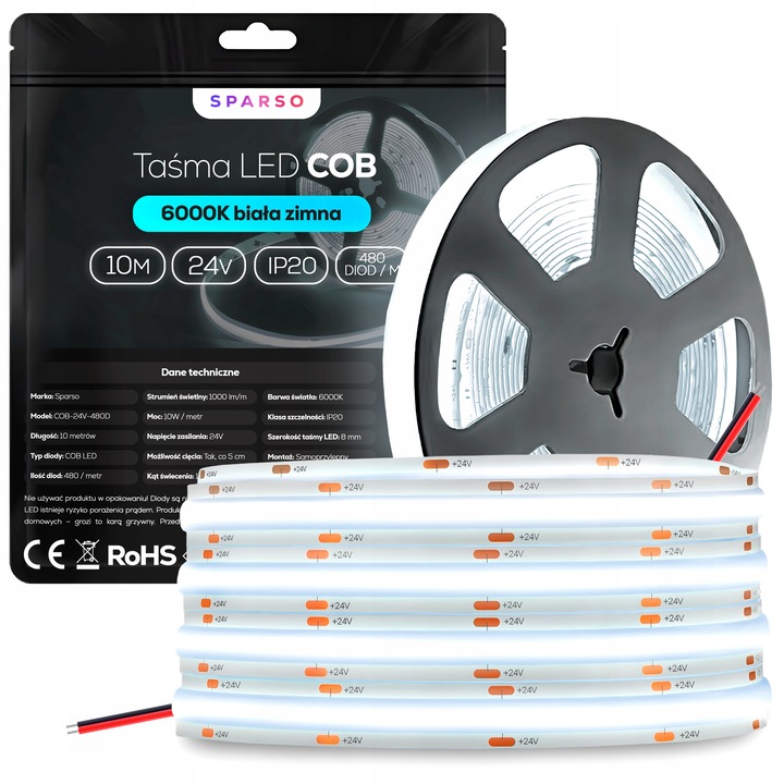 COB LED лента 10м 24V 6000K студено бяла 480 LED/м, лесен монтаж