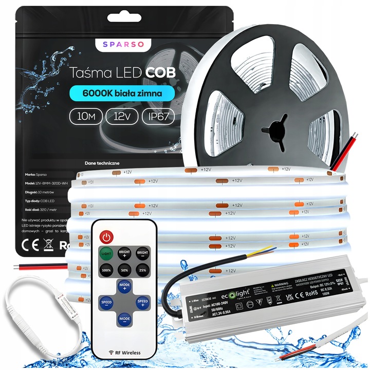 Set Benzi LED COB 12V 10m 6000K Alb Rece, WODOODPORNE, cu Zasilator si Pilot RF
