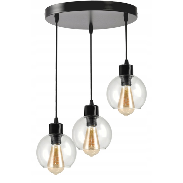 Lampa Plafon LED Berge, 3x E27, sticla transparenta, 30cm, neagra