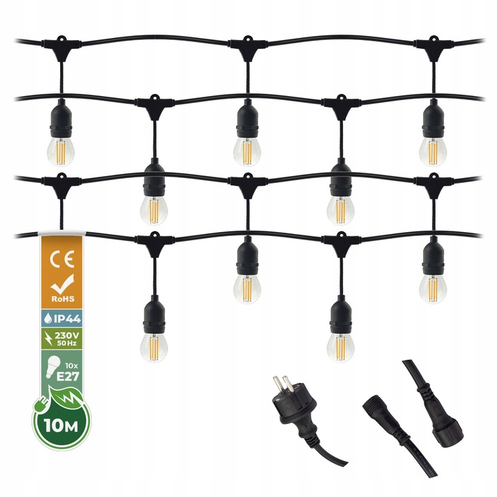 Berge dekoratív füzér, 10m, 10x 1W LED izzó, vízálló, meleg fény