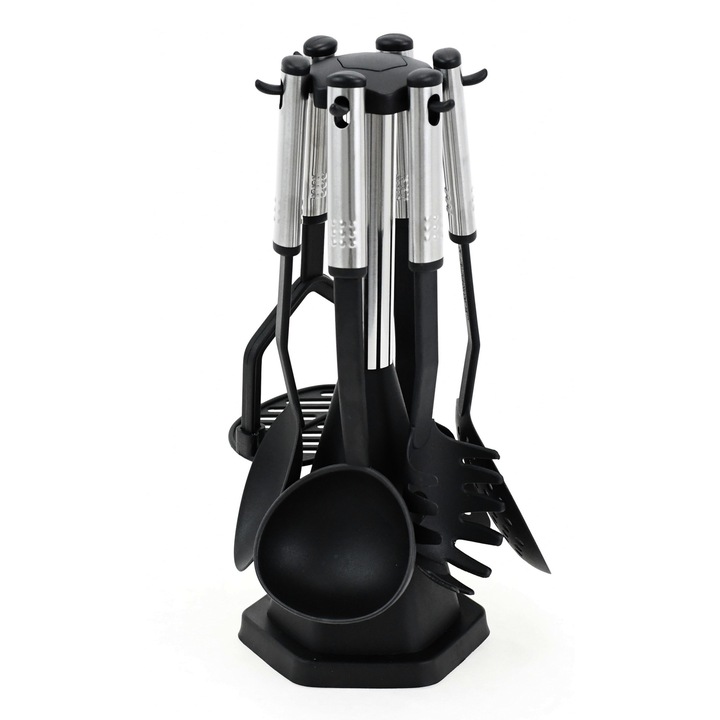 Set ustensile de bucatarie Edenberg, 7 piese, material rezistent la temperaturi ridicate, suport rotativ, 34x35cm