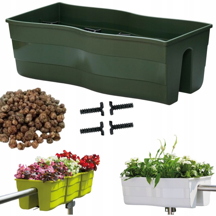 Set 3x Ghiveci pe balustrada Wave 60, 58,5x29x20cm, verde + Keramzyt 5l