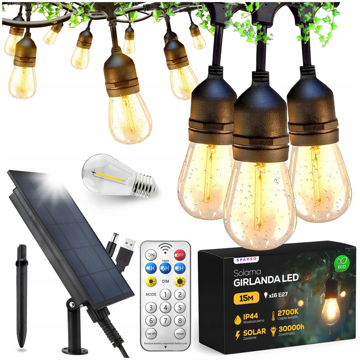 Sparso 15m napelemes fényfüzér, 15 db E27 LED, távirányítóval vezérelhető, vízálló