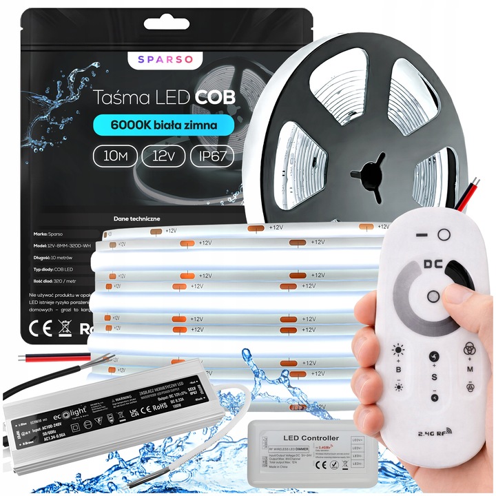 Set benzi LED COB 12V 10m alb rece 6000K, waterproof, autoadeziv