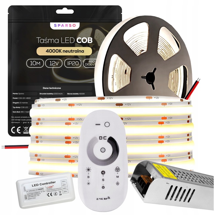 Set Benzi LED COB 10m 12V 4000K, 480LED/m, Zasilacz 100W, Pilot Dotyk, Alb Neutru