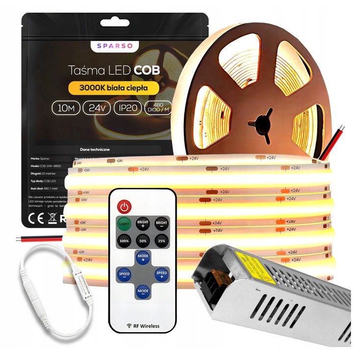 Set Benzi LED COB 10m 24V 3000K, 480 LED/m, Alb Caldut, cu Alimentator si Pilot