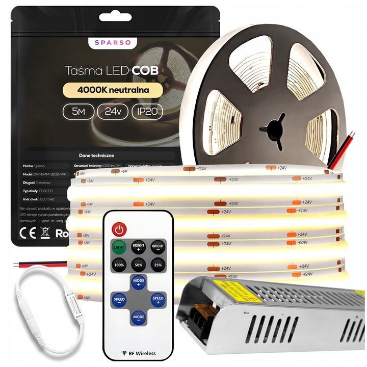 Set Benzi LED COB 5m 24V 4000K, Sparso, alb neutral, alimentator 60W, telecomanda