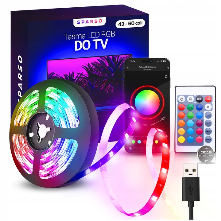 Benza LED RGB 4m, Sparso, set complet 8 in 1, control prin aplicatie si telecomanda, USB, pentru TV 43-60 inch