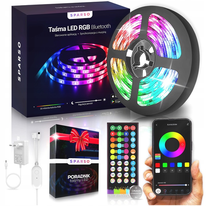 Banda LED RGB 10m, Sparso, 300 LED-uri, controlata prin aplicatie si telecomanda, 12V, multicolor