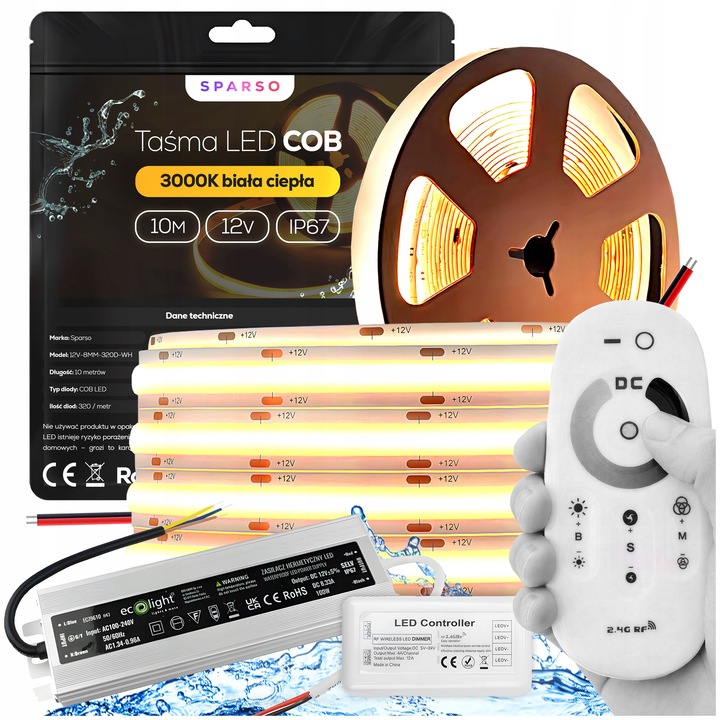 Set Benzi LED COB 10m 12V 3000K Alb Cald, Waterproof, Zasilacz 100W