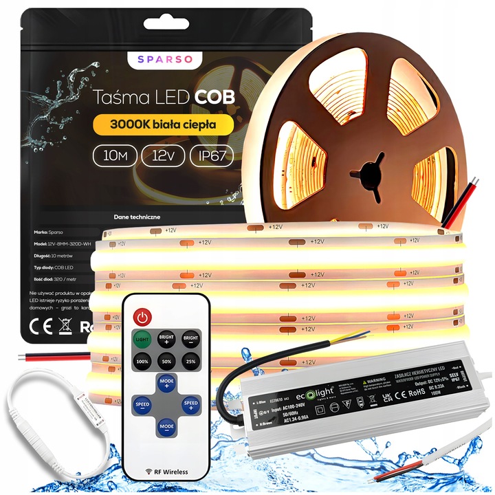 Set Benzi LED COB 10m 12V 3000K Alb Cald, Waterproof, Controler RF, Alimentator 100W